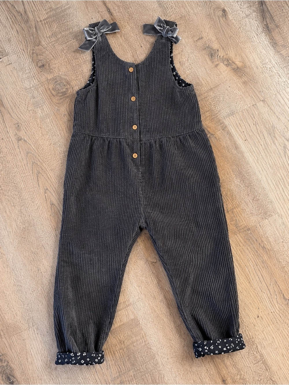 Zara Baby Corduroy Button Front Romper Overalls Gray Velvet Bow 3-4 Y